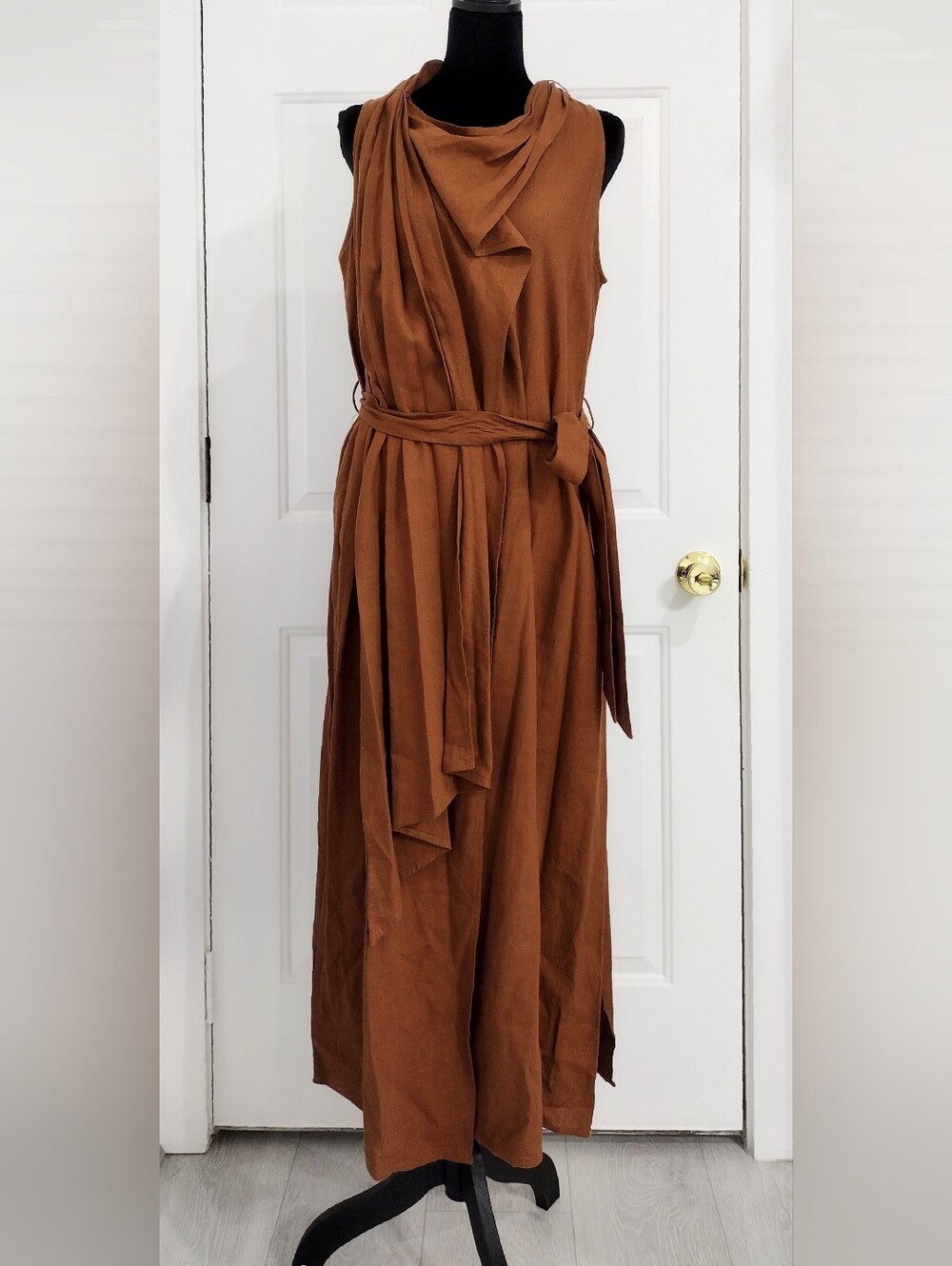 Donna Karan Sz 6 Sleeveless Rust Brown Draped Maxi Dress with Waist Tie